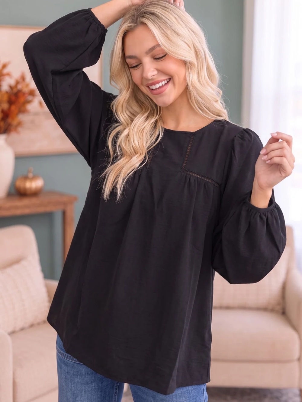 NWOT First Love Black Peasant Women's Top